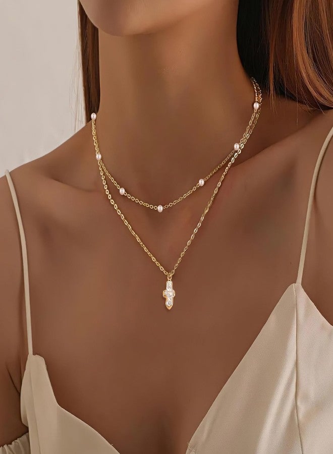PEALICIOUS Pearl Cross Necklace for Women Freshwater Pearl Cross Pendant 14K Gold Plated Necklace Dainty Gold Choker Trendy Baroque Jewelry Set as Birthday Gifts for Teens Wedding Jewelry - Image 2